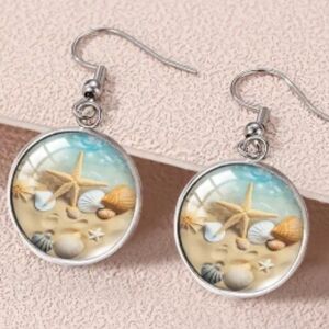 Beach Nautical Starfish Ocean Circle Round Vacation Travel Dangle Earrings